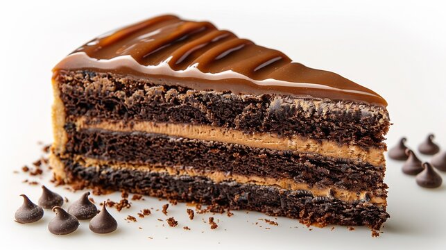 Hungarian dobos torte caramel glaze and sponge layers single slice on white background