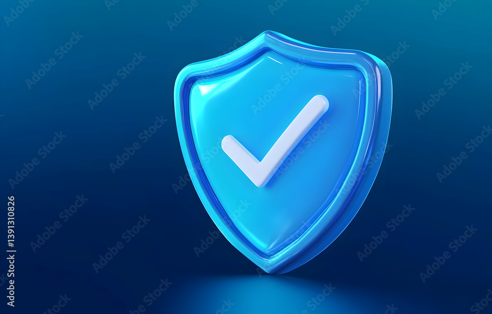 Poster a modern, blue shield icon with a checkmark symbolizing security and trust in digital platforms.