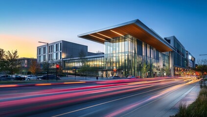 Modern architectural complex at dawn, with a busy street