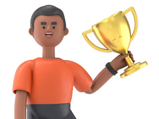 Successful businessman on hand holding trophy and briefcase, celebrates his victory.Transparent Background Mockup.Supports PNG files with transparent backgrounds.