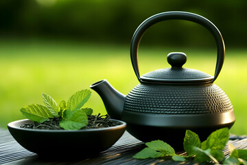 A beautiful black teapot beside a bowl of fresh tea leaves, set against a lush green background, evoking tranquility and relaxation.