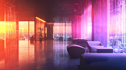 Luxury lounge experience at skyline rooftop modern cityscape interior design urban environment panoramic view