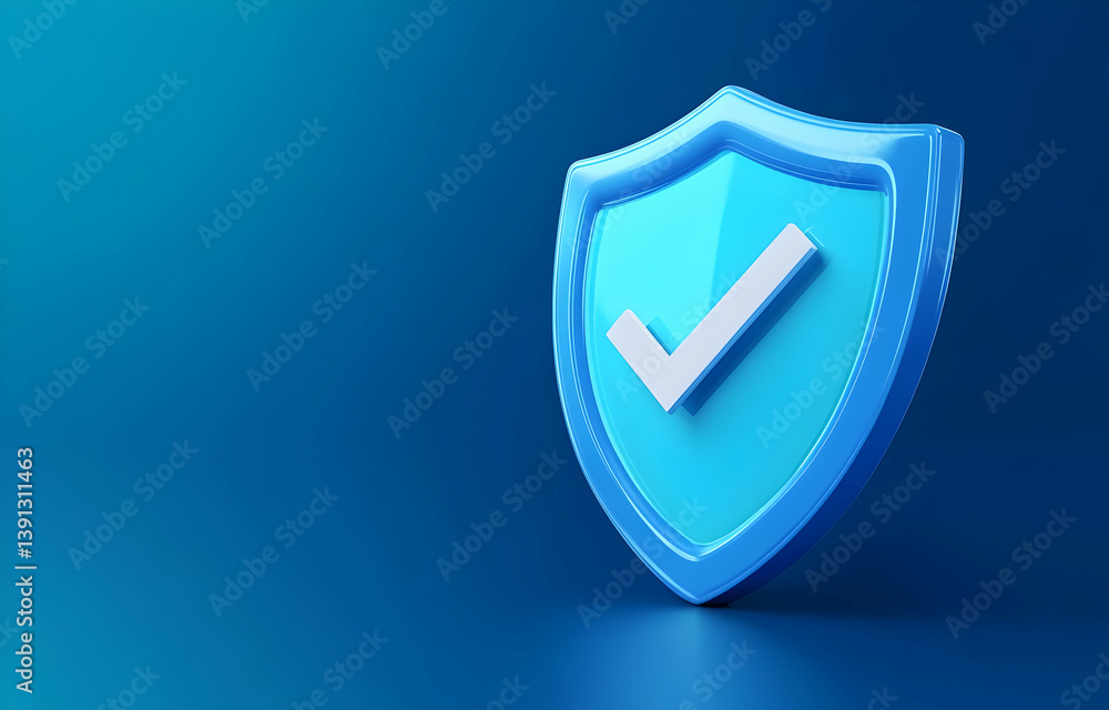 Poster a blue shield icon with a checkmark symbolizes security and protection in digital environments, repr