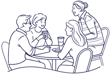 Friends Talking Line Art – Cafe Conversation Illustration – Social Gathering Sketch Design