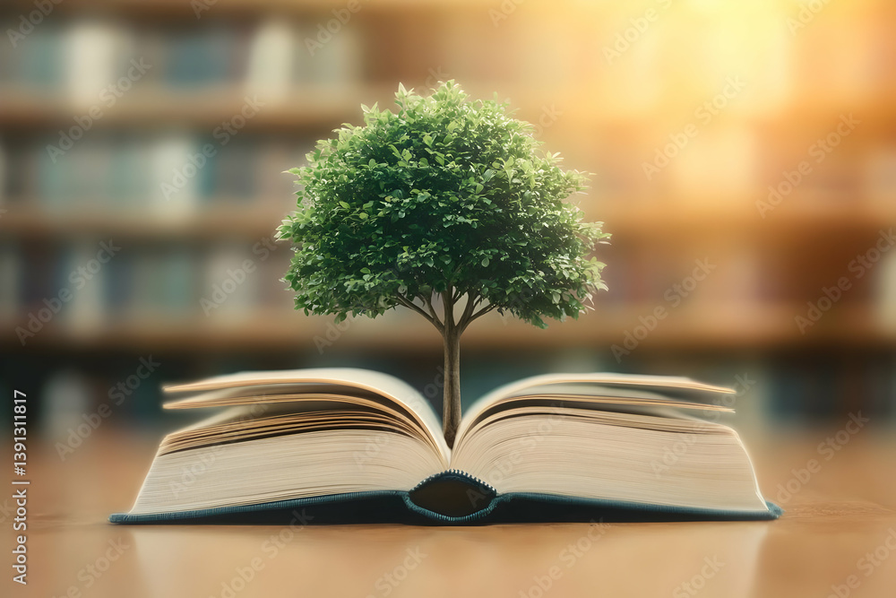 Poster a captivating image of an open book with a growing tree, symbolizing knowledge, growth, and the conn