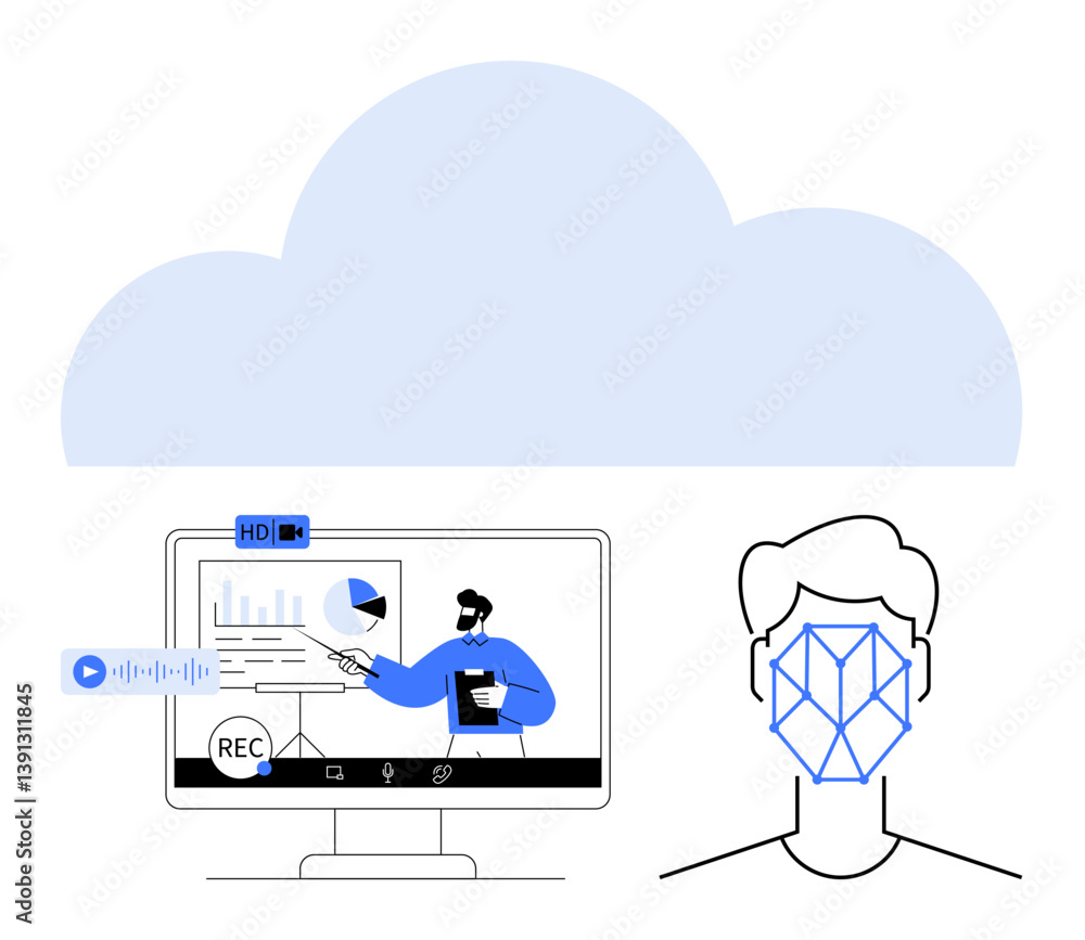 Aufkleber cloud backdrop, monitor showing video call with analytics, recording indicator, voice and face recog