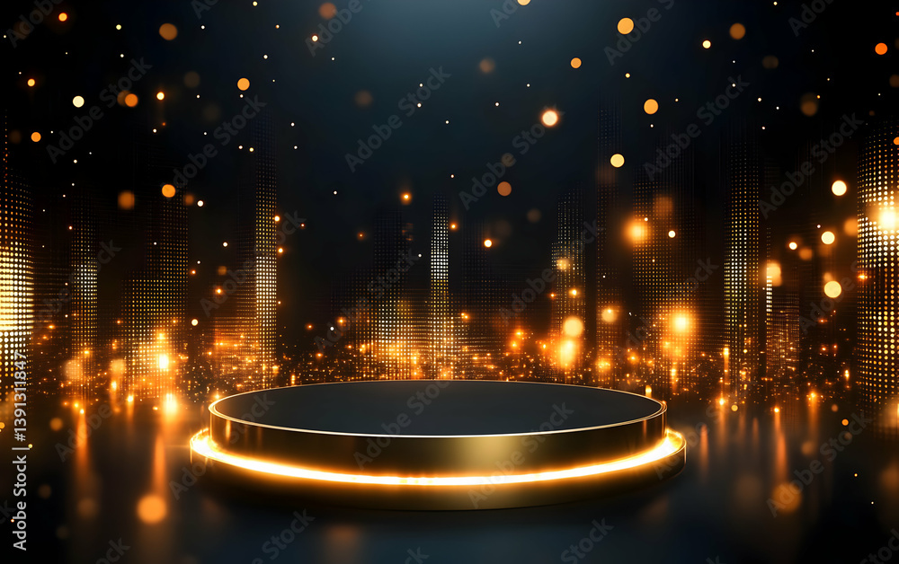 Poster a captivating stage backdrop with shimmering golden lights and a smooth circular platform, perfect f