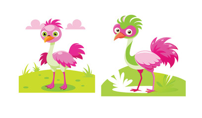 Obraz premium Two cute cartoon ostrich chicks in a field