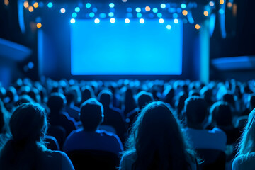 A captivating view of an engaged audience in a darkened theater, illuminated by blue lights, awaiting an exciting performance.
