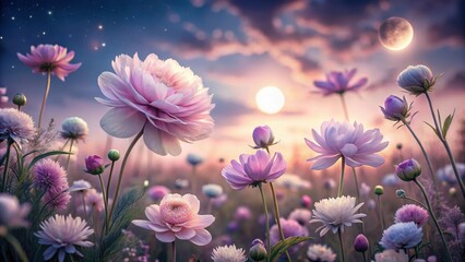 Delicate petals unfurl in shades of pale pink and lavender as gentle moonlight casts a silver glow on a lush meadow at dusk, blossoming flowers, garden
