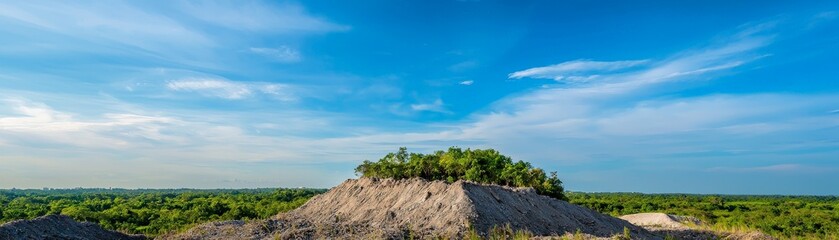 Restoring the Planet Through Environmental Innovation and Conservation Efforts, Large mound of earth covered with greenery under a vast blue sky with clouds.
