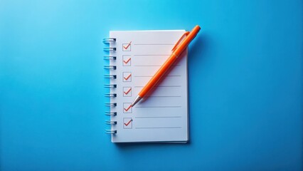 A blank checklist with a vibrant orange pen lies on a bright blue background, waiting for the next task, desk accessory, paper document