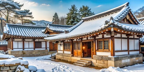 Naklejka premium Traditional Korean Hanok house with snow-covered roof and walls in a serene village setting surrounded by evergreen trees , hanok, winter wonderland