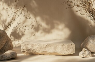 Natural stone podium with dried plants