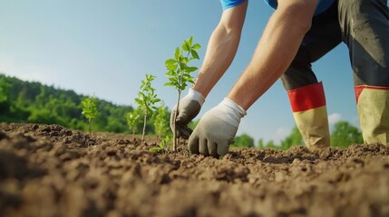 Fototapeta premium Restoring the Planet Through Environmental Innovation and Conservation Efforts, Planting young trees in fertile soil under a clear blue sky, showcasing dedication to environmental care.