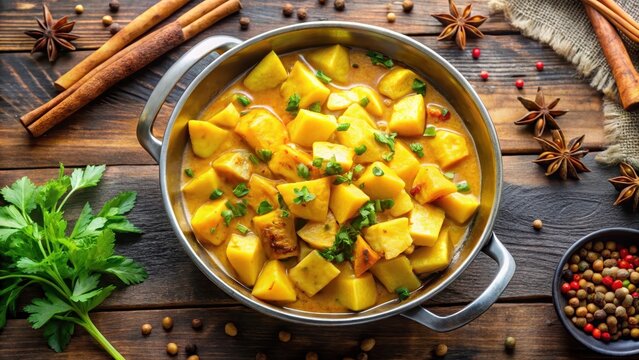 Diced potatoes in a flavorful curry sauce with cumin and turmeric spices simmering on low heat