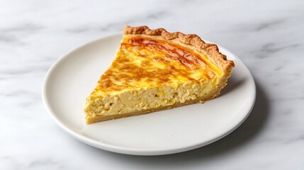 Single serving of quiche Lorraine on a plain white plate