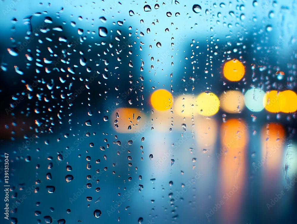 Poster a close-up of rain droplets on a window, with blurred city lights in the background creating a moody