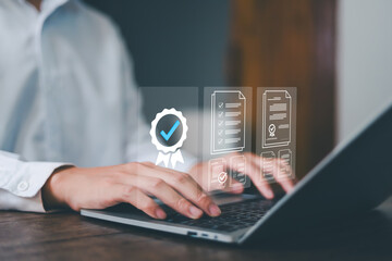Hand shows sign of top service Quality assurance, Guarantee, Standards, ISO certification and...