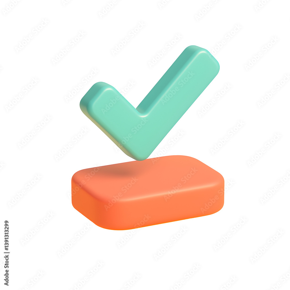 Poster 3d green checkmark icon with orange base symbolizing confirmation or approval, isolated on transpare