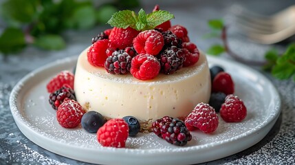 Icelandic skyr cake topped berries plated on a white dessert dish