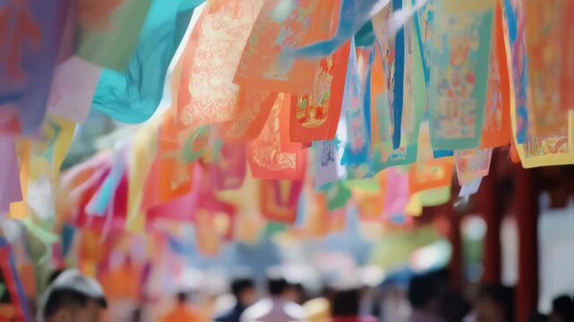 A medium closeup of a welcoming banner adorned with colorful artwork and phrases promoting harmony and understanding hung above a gathering of officials as they prepare to applaud the