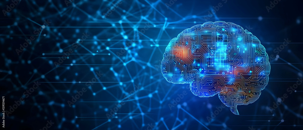 Poster a digital brain illuminated with blue and orange lights, symbolizing intelligence and neural network