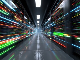 Data center servers with colorful light trails representing high speed data transfer and processing in a modern technology environment