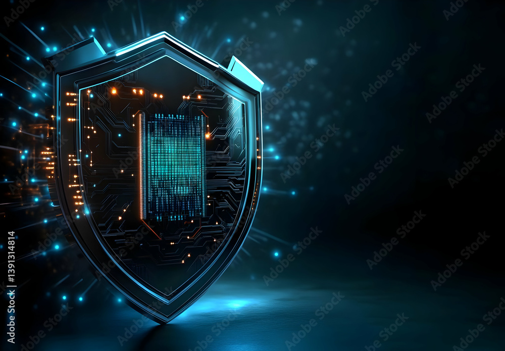 Poster a digital shield representing cybersecurity, featuring a microchip and glowing particles, symbolizin