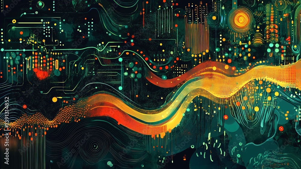 Poster colorful abstract illustration depicting interconnected circuits and data streams