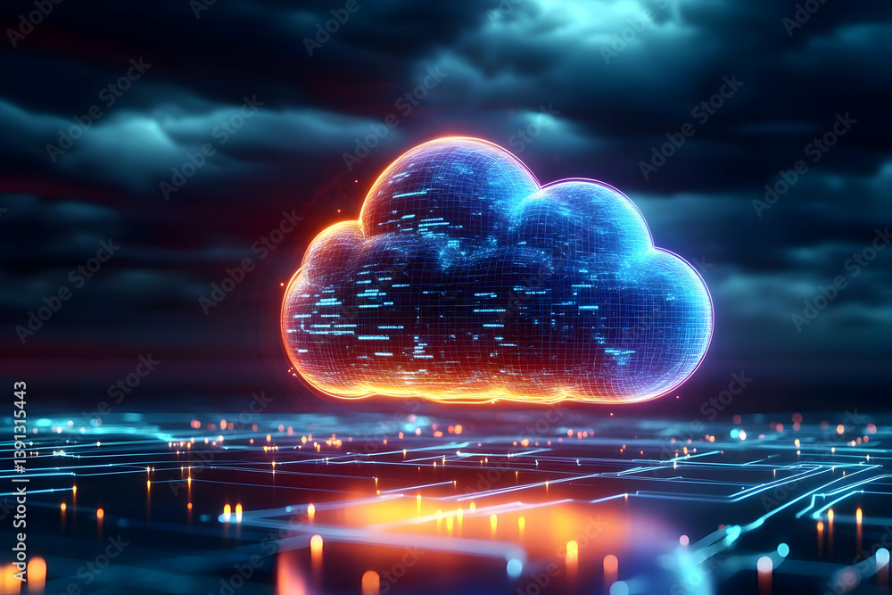 Poster a futuristic cloud computing concept, showcasing vibrant digital graphics against a dark background,