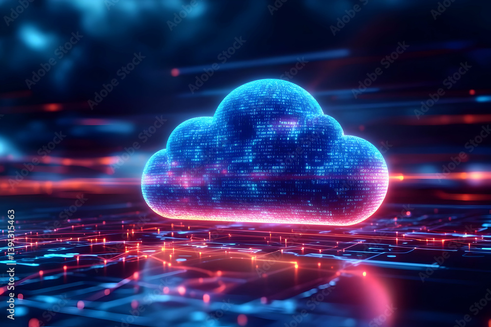 Poster a futuristic cloud computing illustration with vibrant neon colors representing data transfer and di