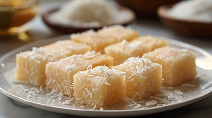 Indian coconut barfi milk sweet cut into diamonds arranged a clean white plate