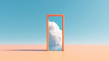 A vibrant door frame opens to a serene sky and clouds, creating a surreal and dreamlike atmosphere.