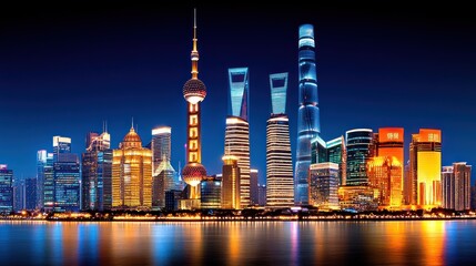 Obraz premium Night View of Shanghai Skyline Featuring Iconic Towers