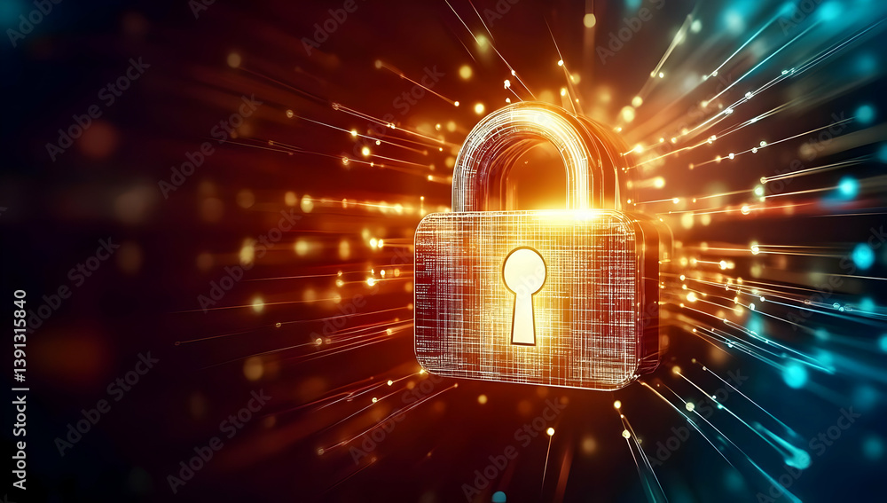 Poster a glowing padlock symbolizing cybersecurity, surrounded by vibrant digital particles representing da