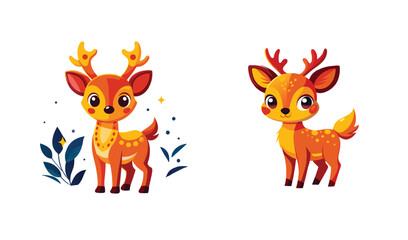 Cute cartoon baby reindeer with antlers in vector art style set