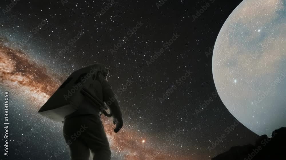 Aufkleber astronaut walks on an alien planet surface, exploring the new world with a jetpack, while the milky 