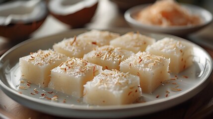 Indian coconut barfi milk sweet cut into diamonds arranged a clean white plate