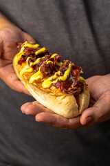 hand holding hot dog topped with smoked beef and drizzled with honey mustard sauce