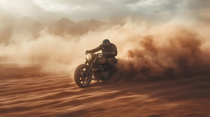 A rider is speeding his motorcycle through a dusty arid desert landscape