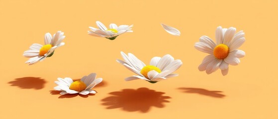 Obraz premium Floating Daisies on Warm Background Capturing Serene Beauty and Delicate Floral Arrangement for Springtime Joy