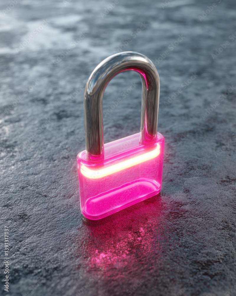 Poster luminous pink padlock on dark textured surface abstract security and safety concept artistic renderi