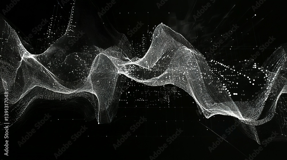 Poster glowing lines and dots creating abstract wavelike formations on black