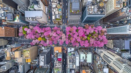 Obraz premium Aerial view of Tokyo's dynamic urban landscape featuring towering skyscrapers, modern high-rise buildings, and bustling streets from a drone perspective. This cityscape showcases Japan's contemporary 