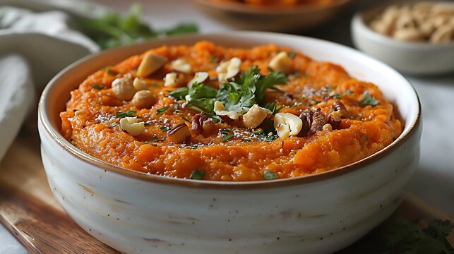 Indian gajar ka halwa carrot pudding ghee and nuts plated neatly on a white ceramic dish