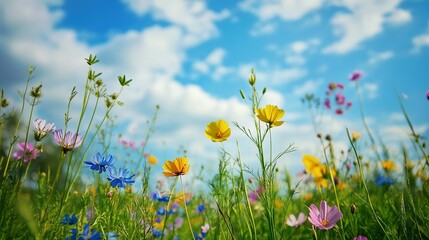 Colorful wildflower meadow displaying diverse flowers and a clear blue sky