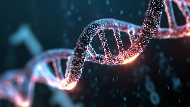 holographic dna cell slowly rotating with neon light surrounded