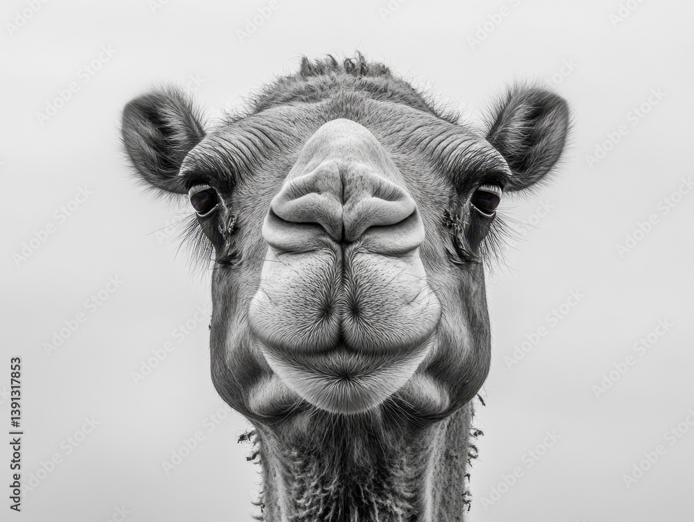 Poster striking monochrome portrait of a majestic camel capturing its unique charm and desert adaptation in