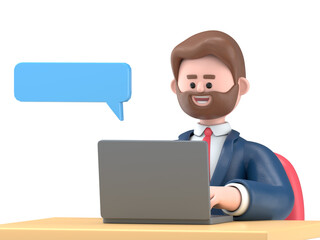 3D illustration of bearded american businessman Bob with laptop.Transparent Background Mockup.Supports PNG files with transparent backgrounds.